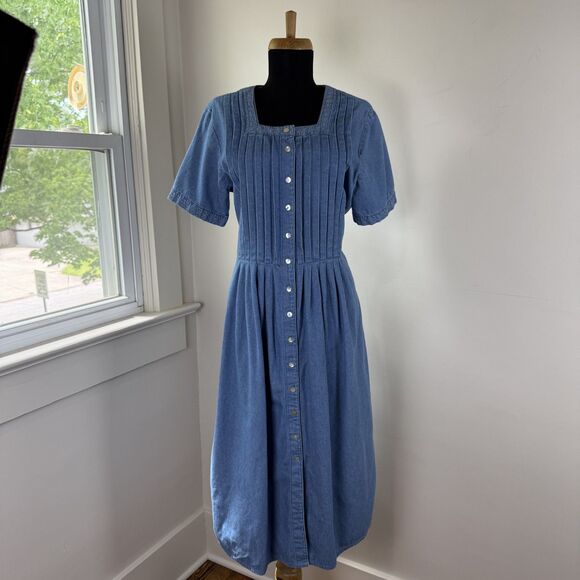 Vintage Dresses & Skirts - Vintage 90s Chambray Pintuck Pleated Dress | Prairie Cottage Denim Midi